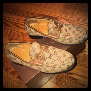 Brown Gucci monogram canvas loafers size 8B